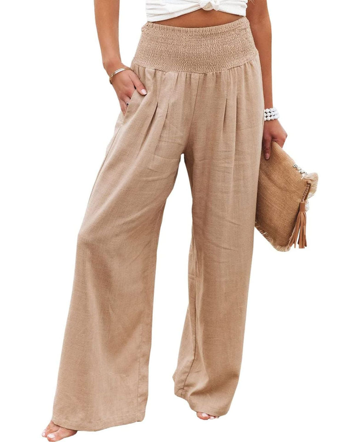 Wide Leg Pleated Linen Trousers with Elastic Waistband for Women