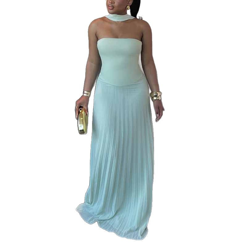 Pleated Choker Neck Maxi Dress Wedding Guest for Women