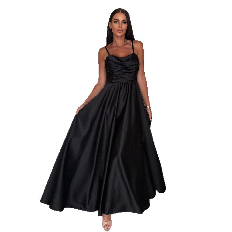 Cowl Neck Pleated Satin Wedding Guest Maxi Dress for Women