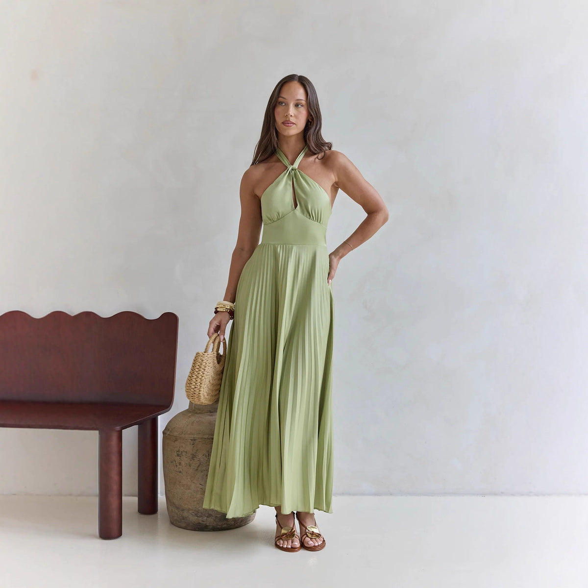 Halter Pleated Wedding Guest Maxi Dress for Women