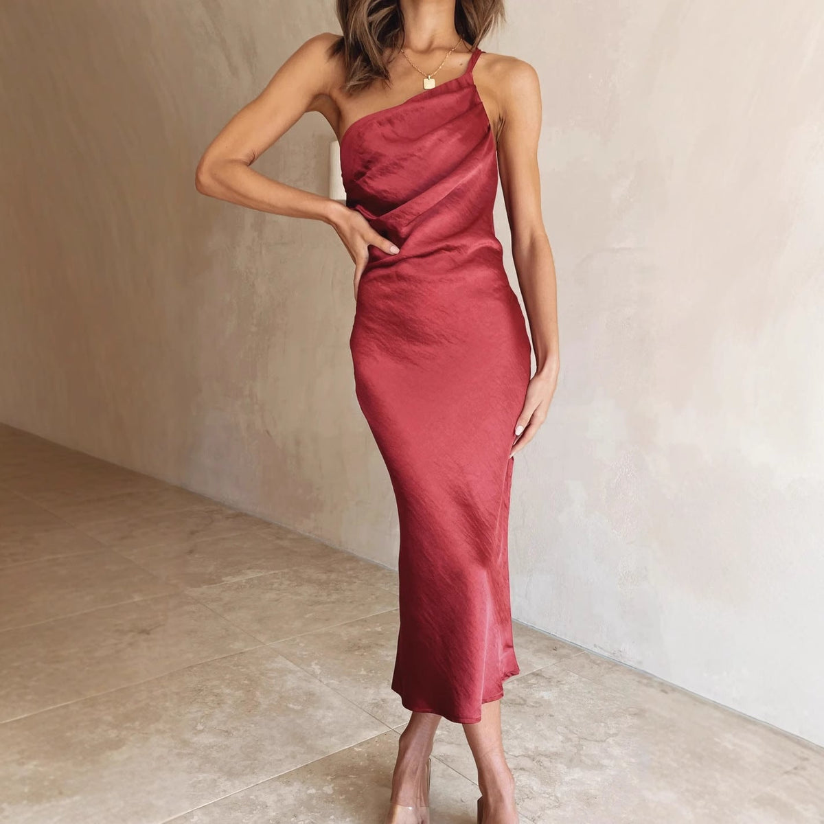 Asymmetrical One-Shoulder Satin Wedding Guest Midi Dress for Women