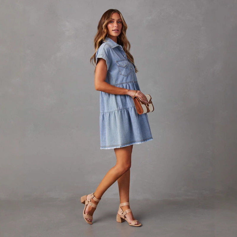Button-Down A-Line Denim Shirt Dress for Women
