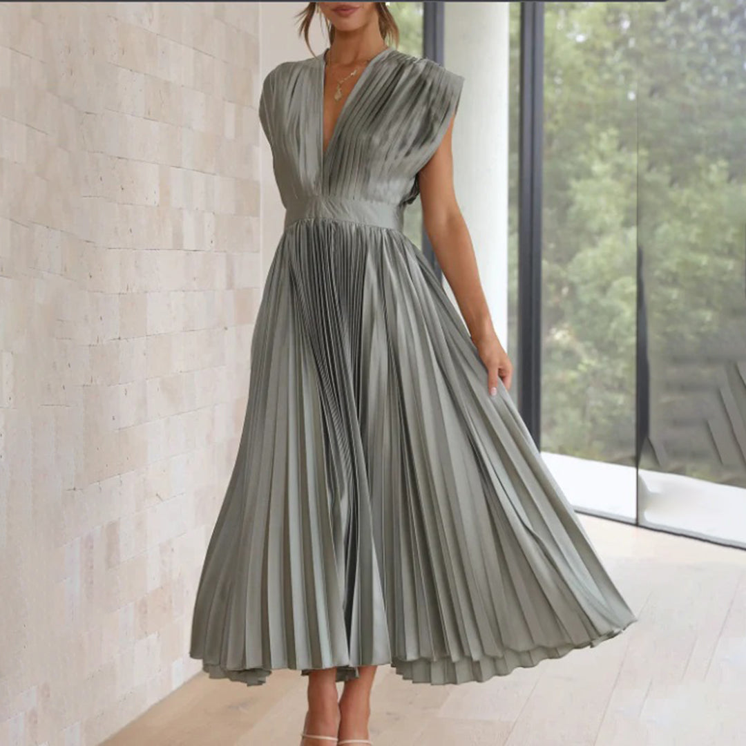 Pleated V-Neck Maxi Dress Wedding Guest for Women
