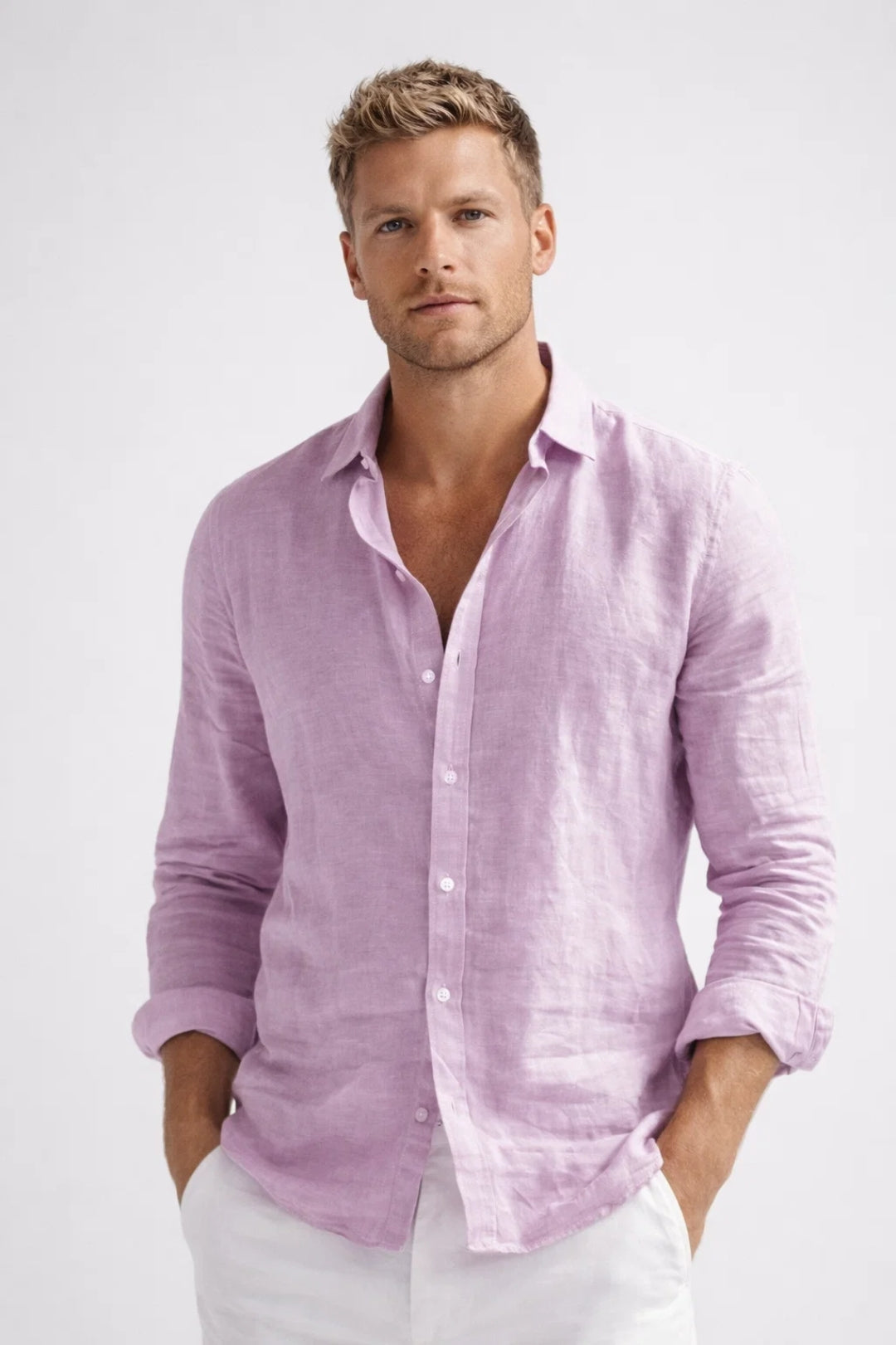 Linen Button-Down Long Sleeve Shirt for Men