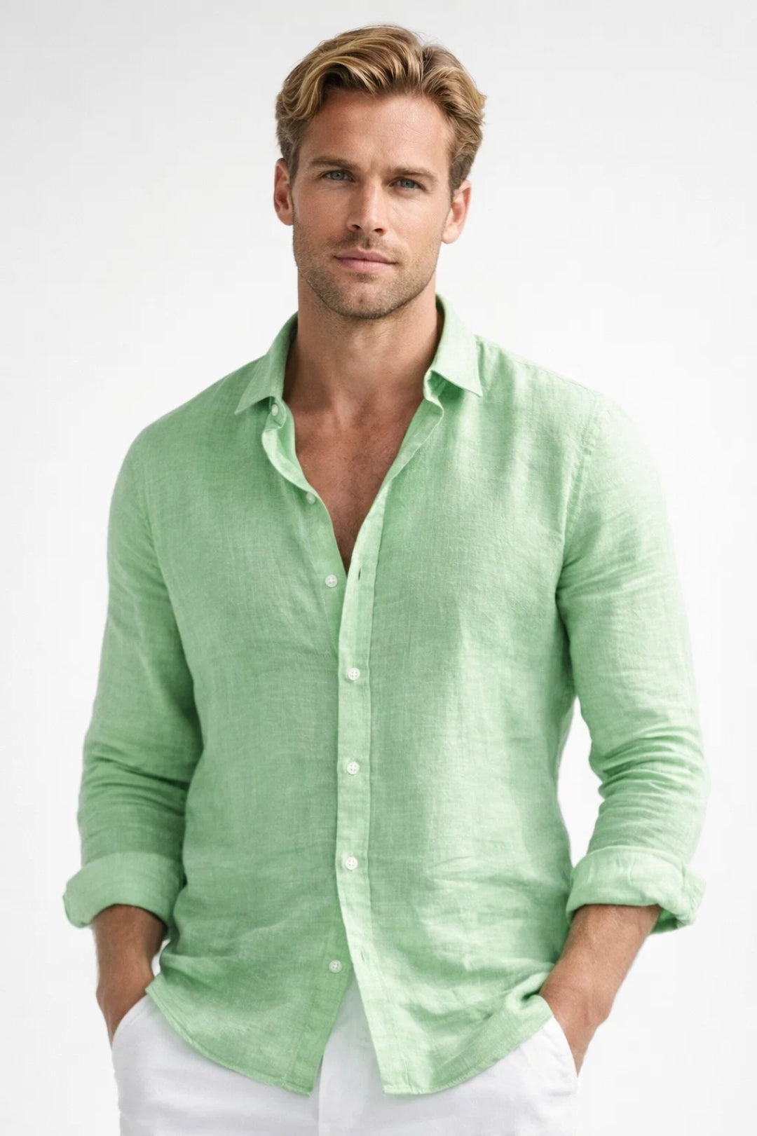 Linen Button-Down Long Sleeve Shirt for Men
