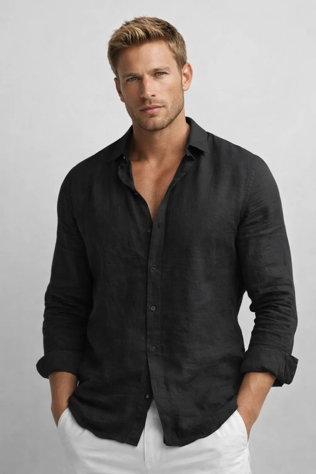 Linen Button-Down Long Sleeve Shirt for Men