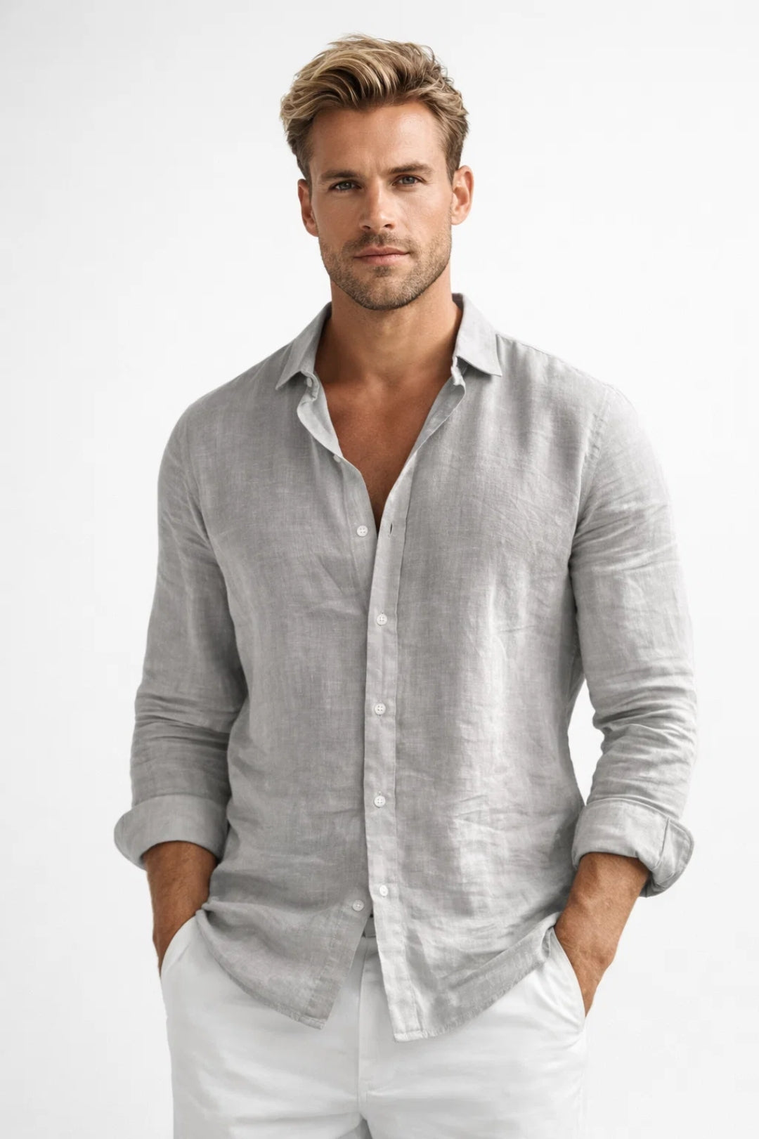 Linen Button-Down Long Sleeve Shirt for Men