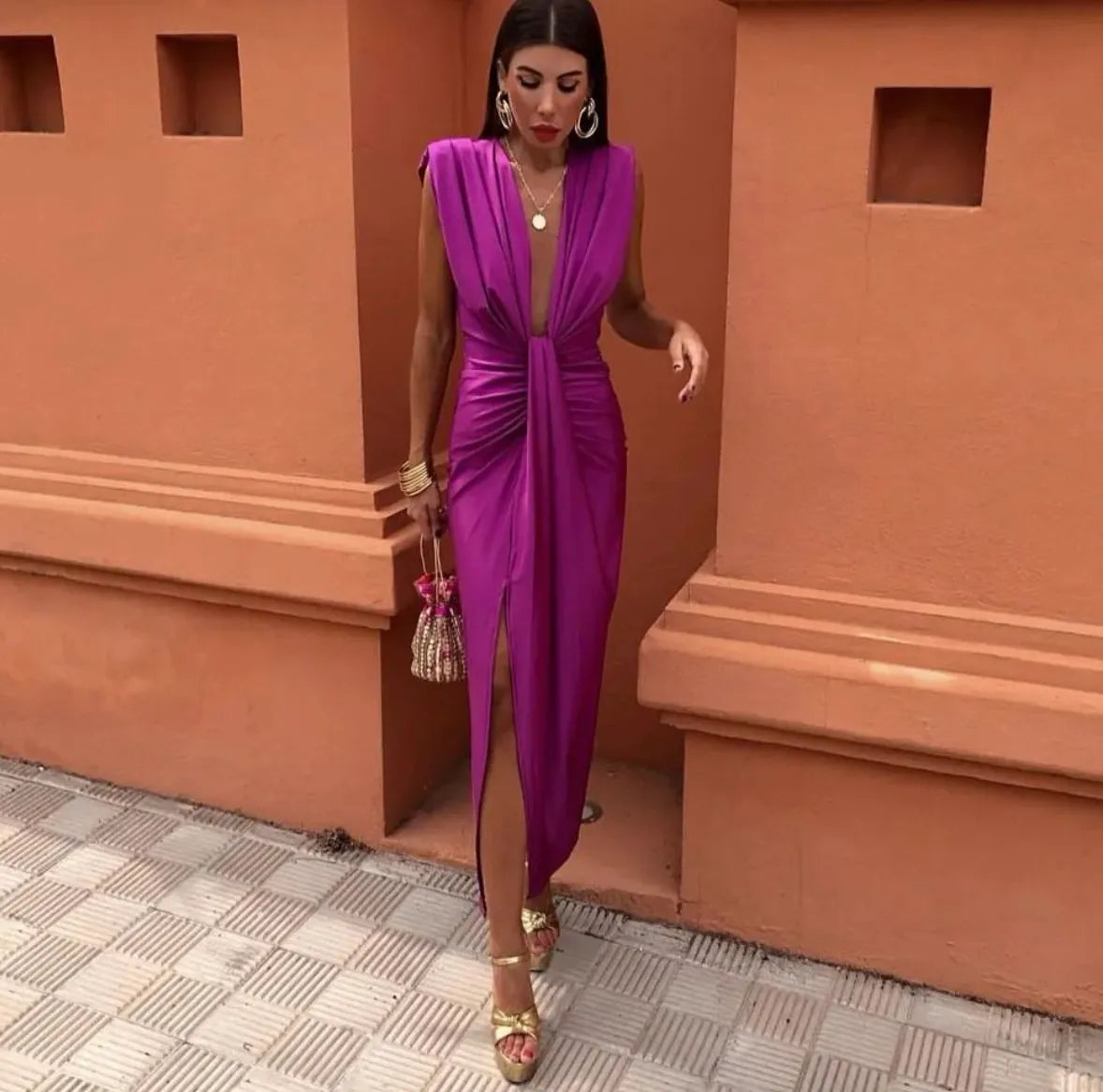 V-Neck Pleated Midi Dress Wedding Guest for Women