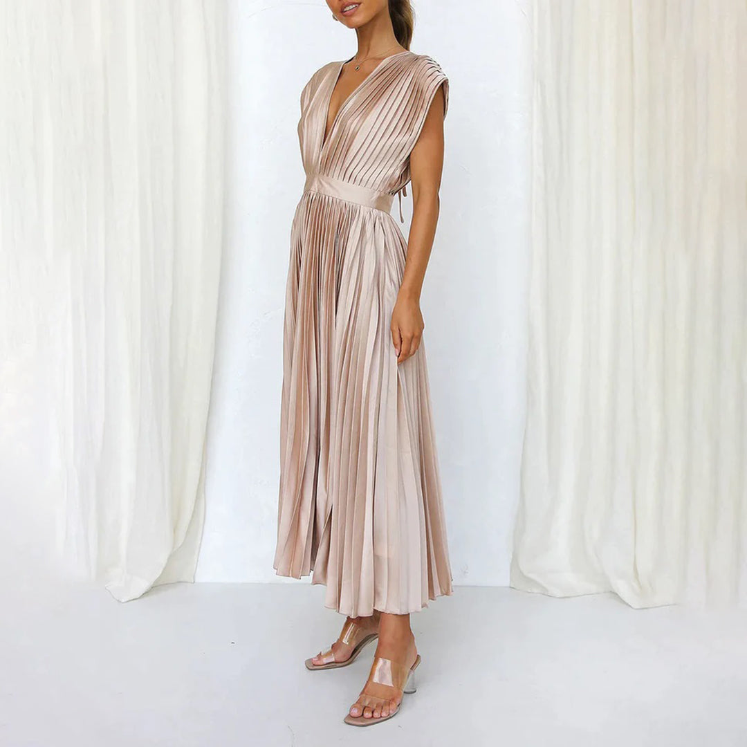 Pleated V-Neck Maxi Dress Wedding Guest for Women