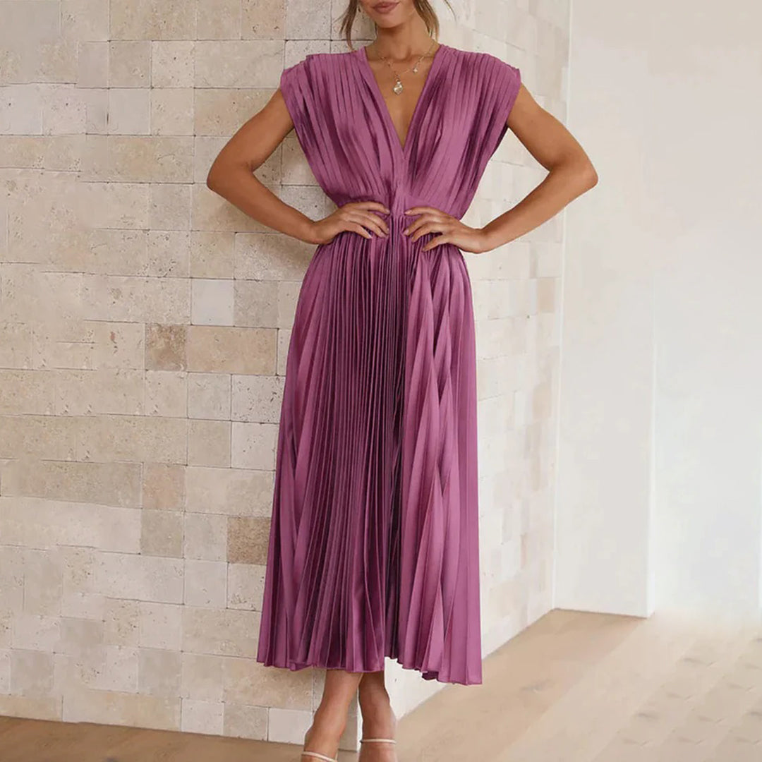Pleated V-Neck Maxi Dress Wedding Guest for Women