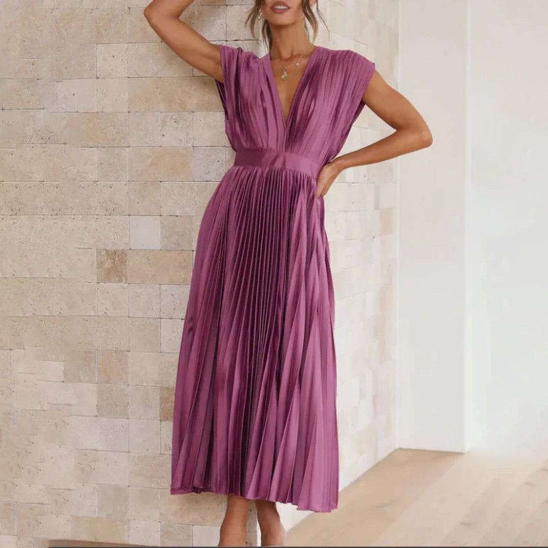 Pleated V-Neck Maxi Dress Wedding Guest for Women