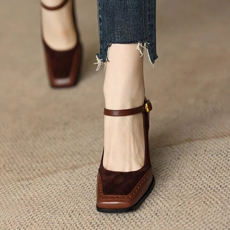Square Toe Block Heels with Ankle Strap for Women - View 3