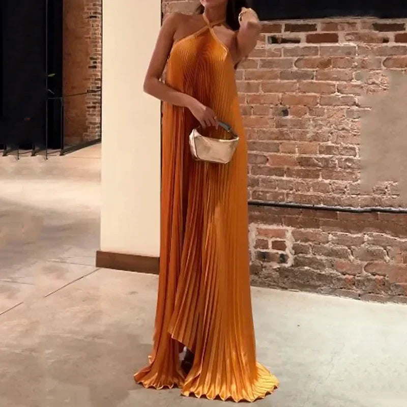 Pleated Halter Maxi Dress Wedding Guest for Women