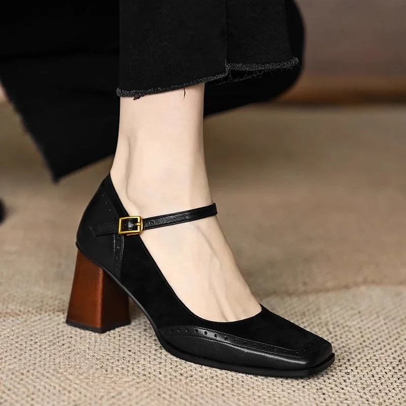 Square Toe Block Heels with Ankle Strap for Women - Black