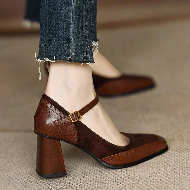 Square Toe Block Heels with Ankle Strap for Women