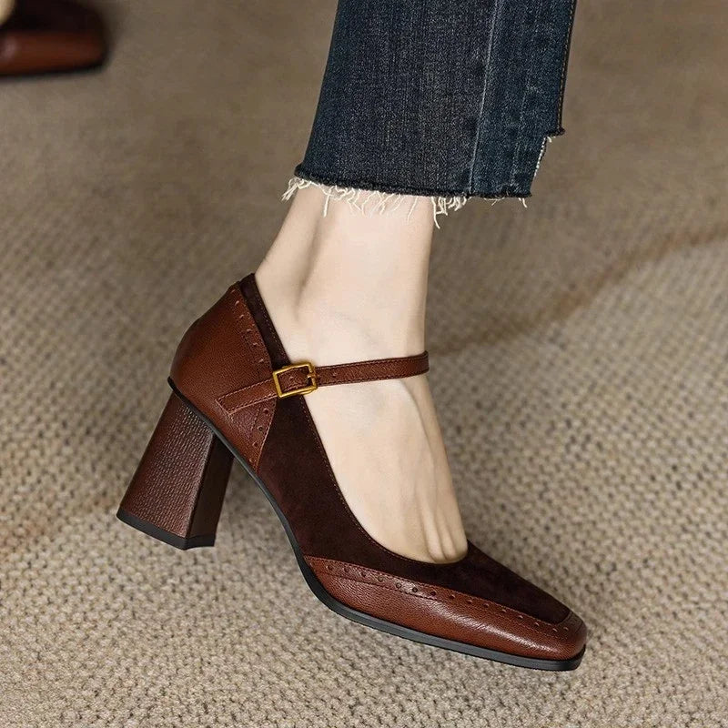 Square Toe Block Heels with Ankle Strap for Women