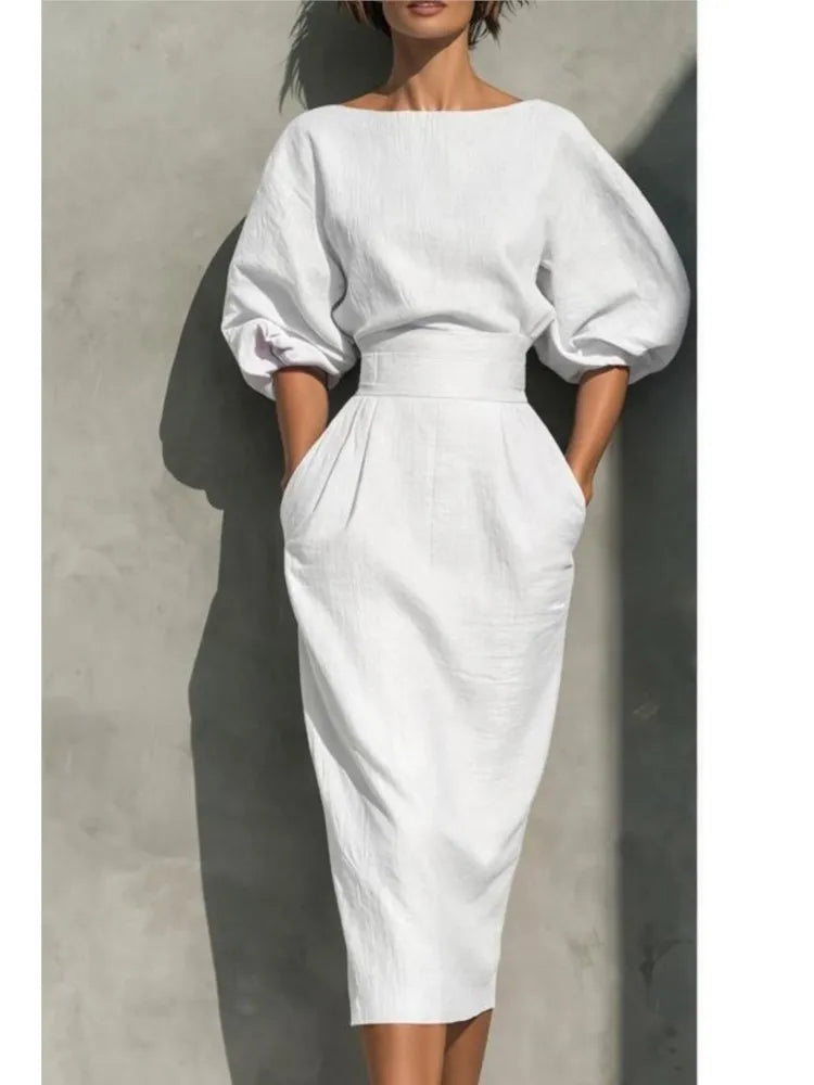 Puff Sleeve Belted Midi Dress Wedding Guest for Women