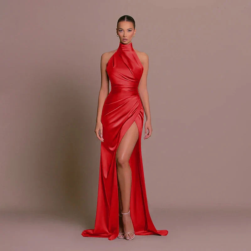 Halterneck High Slit Wedding Guest Maxi Dress for Women