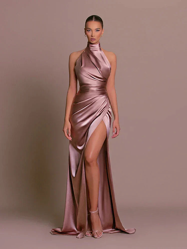 Halterneck High Slit Wedding Guest Maxi Dress for Women