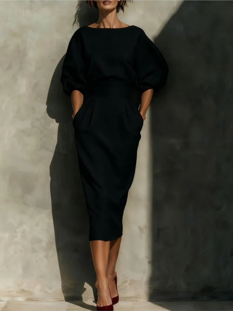 Puff Sleeve Belted Midi Dress Wedding Guest for Women