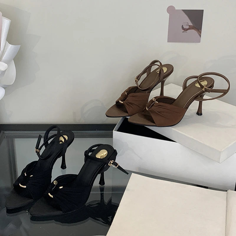 Satin Pointed Toe Ankle Strap Heeled Sandals for Women