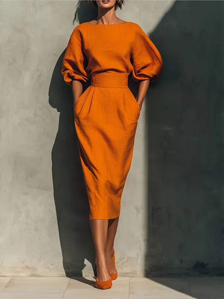 Puff Sleeve Belted Midi Dress Wedding Guest for Women