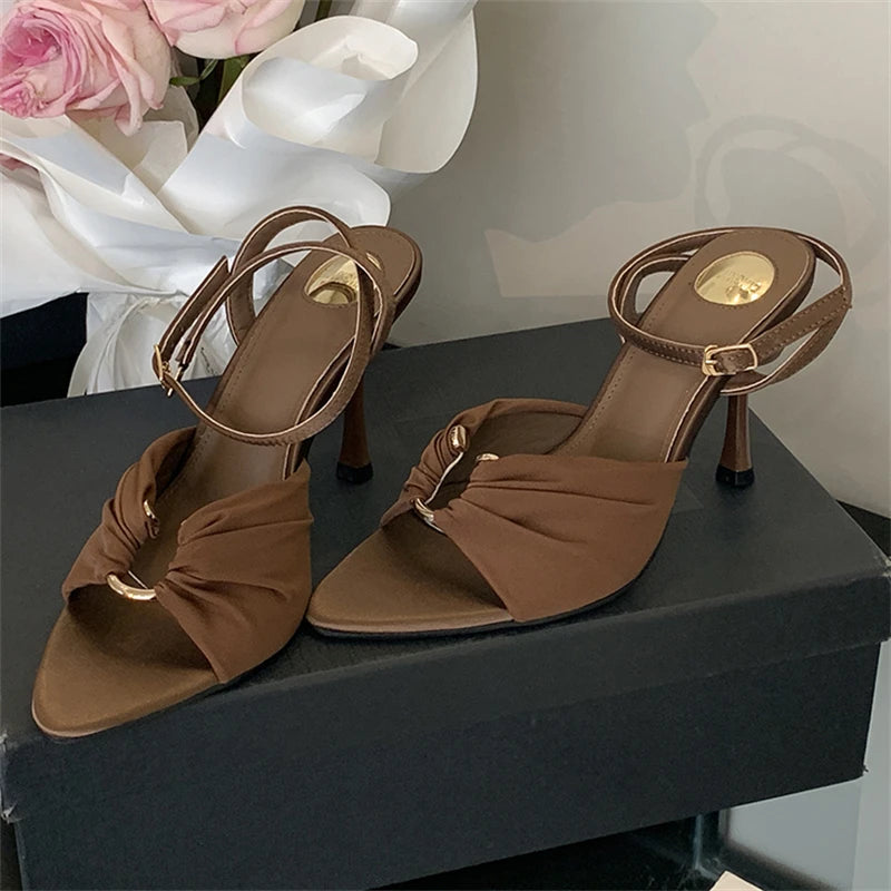 Satin Pointed Toe Ankle Strap Heeled Sandals for Women