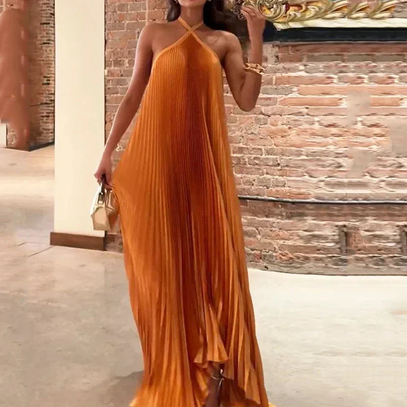 Pleated Halter Maxi Dress Wedding Guest for Women