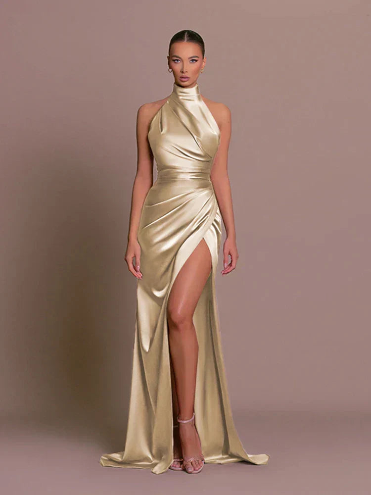 Halterneck High Slit Wedding Guest Maxi Dress for Women