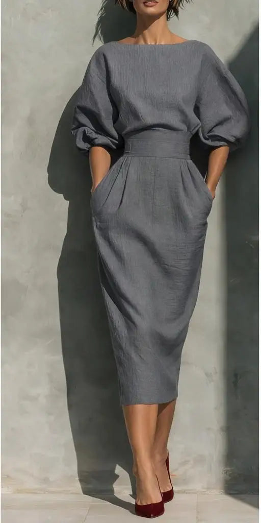 Puff Sleeve Belted Midi Dress Wedding Guest for Women