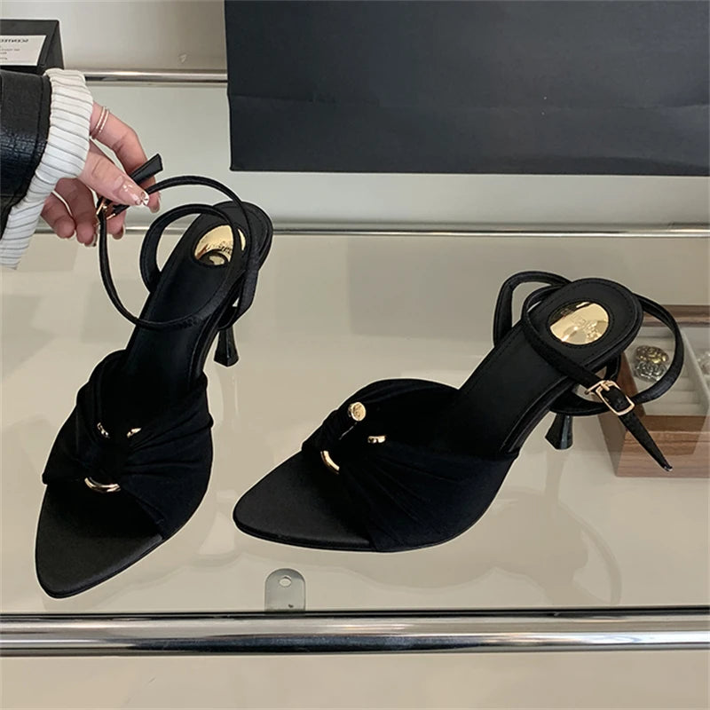 Satin Pointed Toe Ankle Strap Heeled Sandals for Women