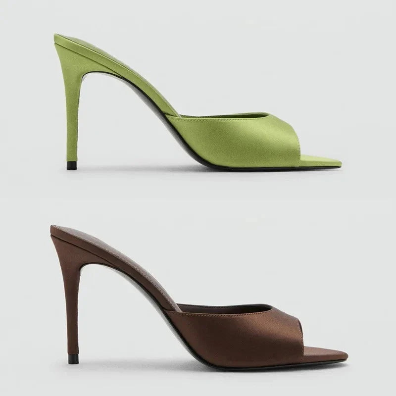 Satin Open Toe High Heel Mules for Women