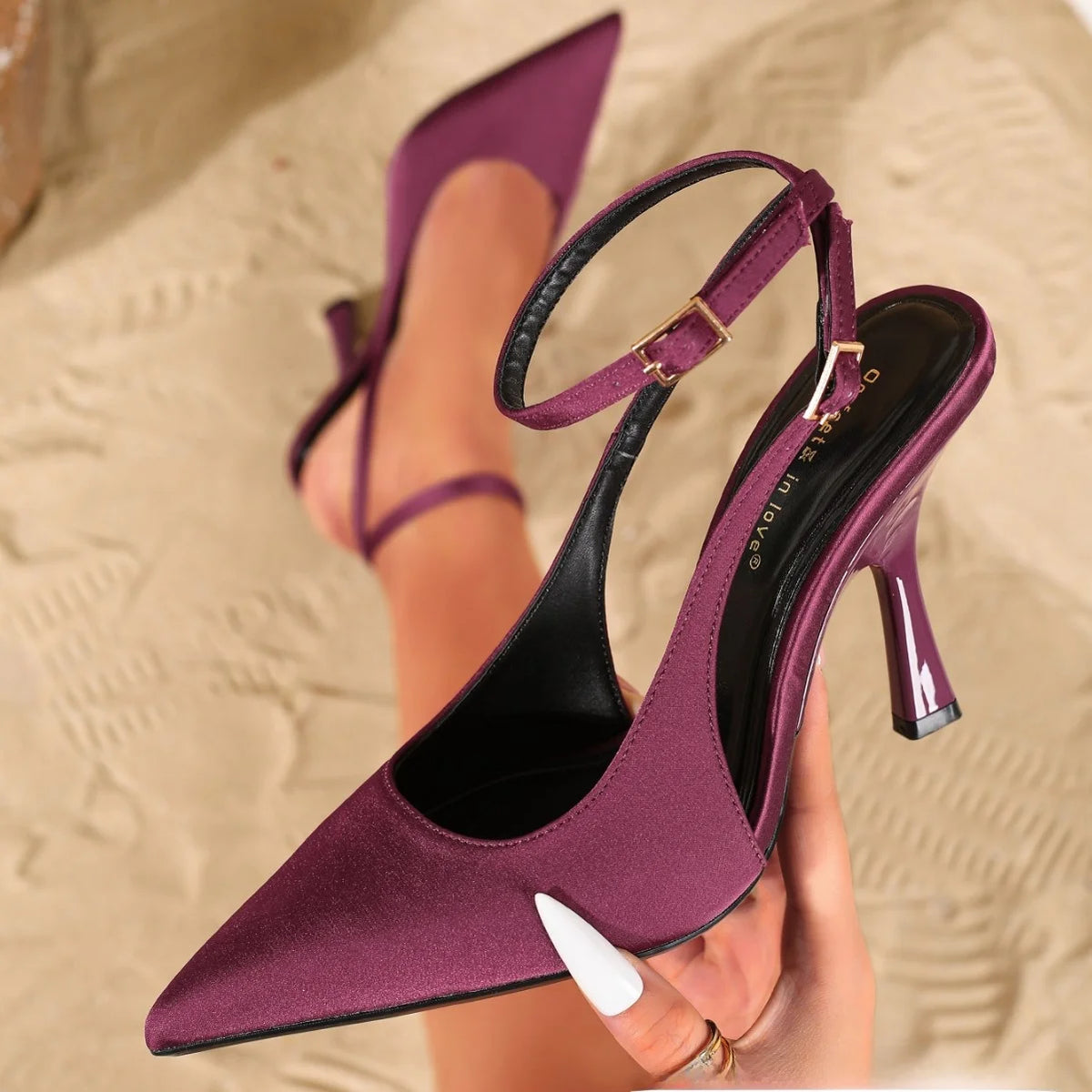 Satin Pointed Toe Ankle Strap Heels for Women