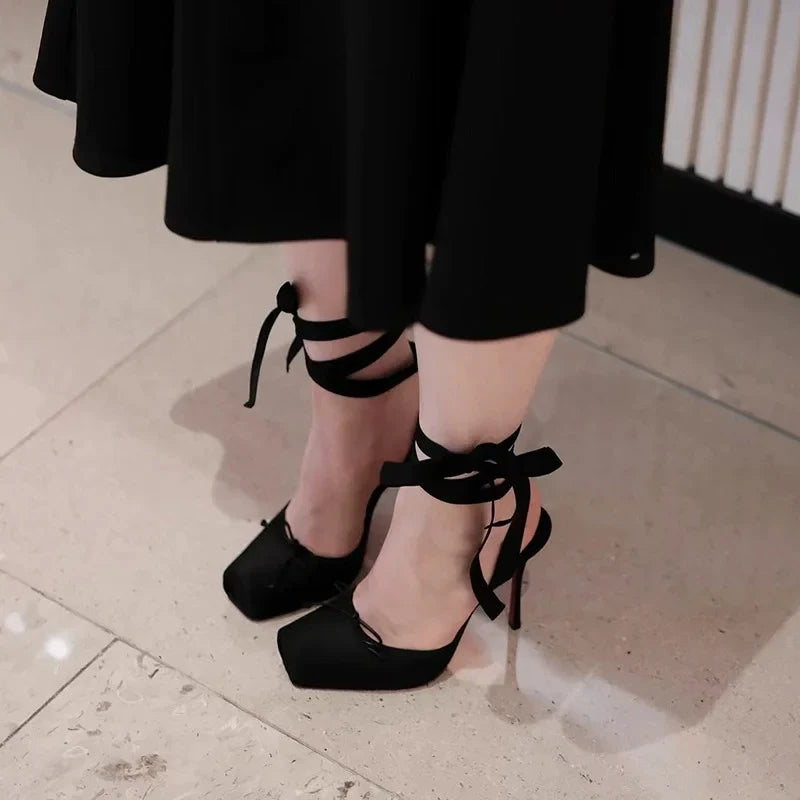 Platform Satin Ankle Strap Court Shoes for Women