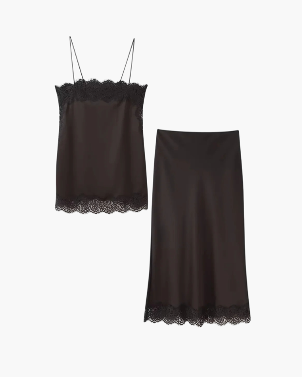 Satin Set with Lace Top and Midi Skirt for Women