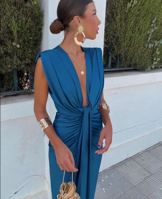 V-Neck Pleated Midi Dress Wedding Guest for Women
