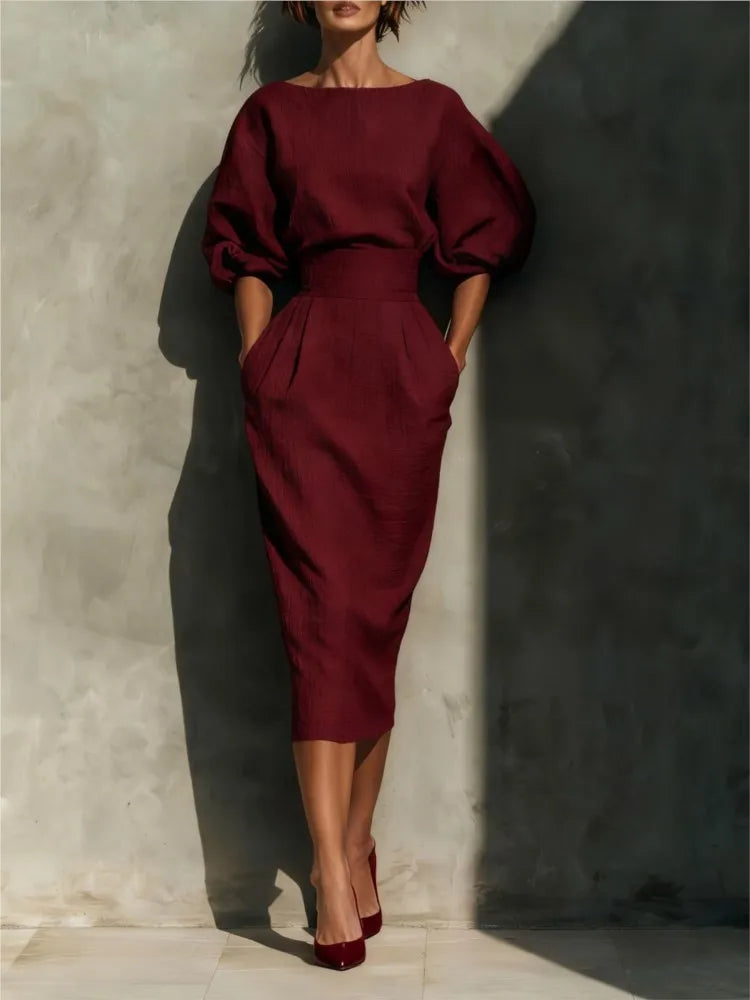 Puff Sleeve Belted Midi Dress Wedding Guest for Women