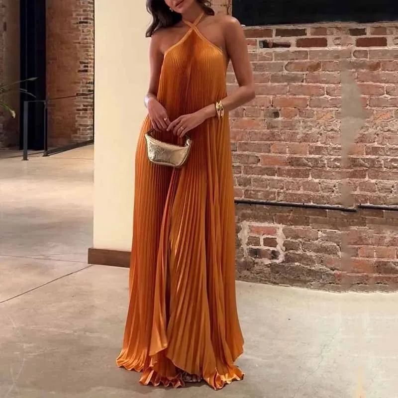 Pleated Halter Maxi Dress Wedding Guest for Women