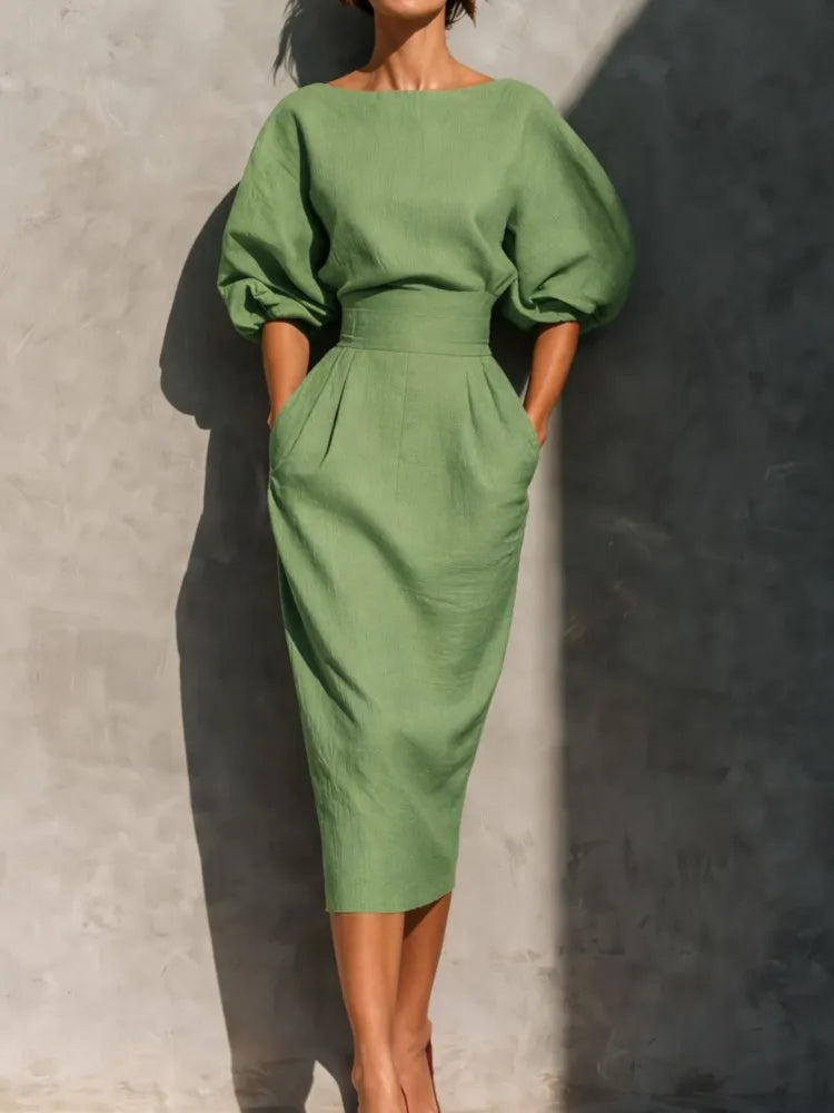 Puff Sleeve Belted Midi Dress Wedding Guest for Women