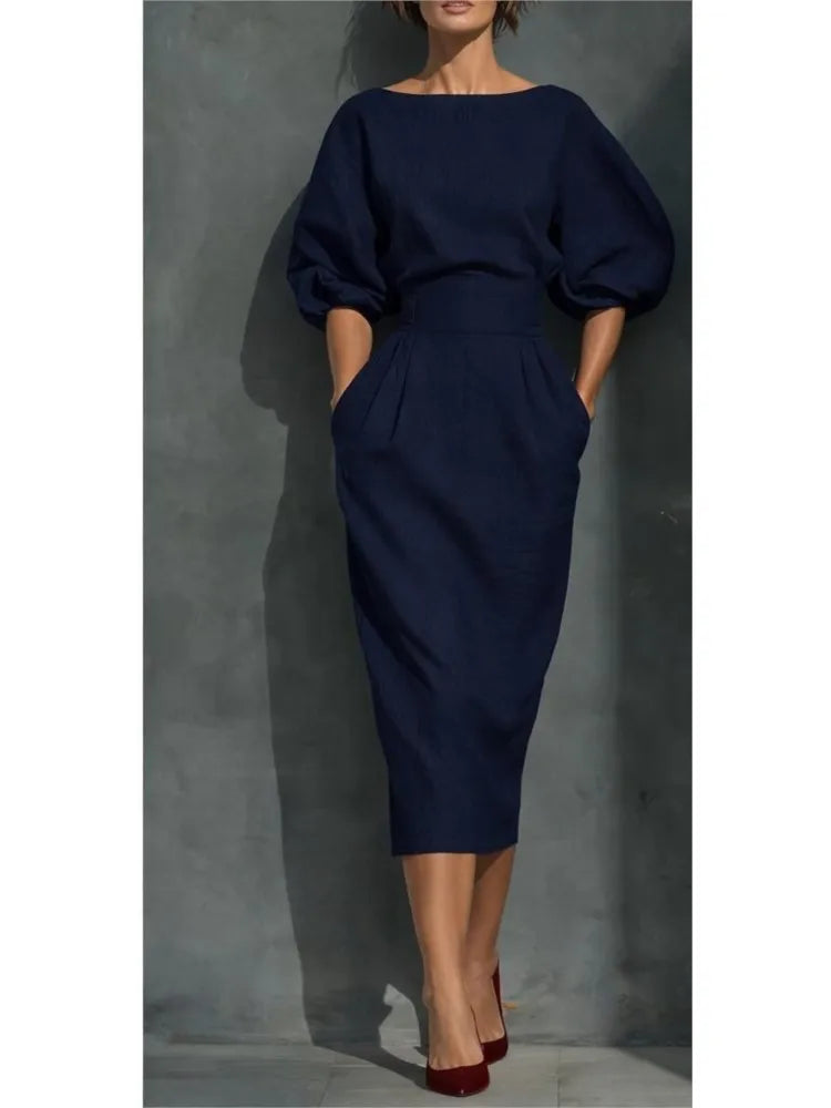 Puff Sleeve Belted Midi Dress Wedding Guest for Women
