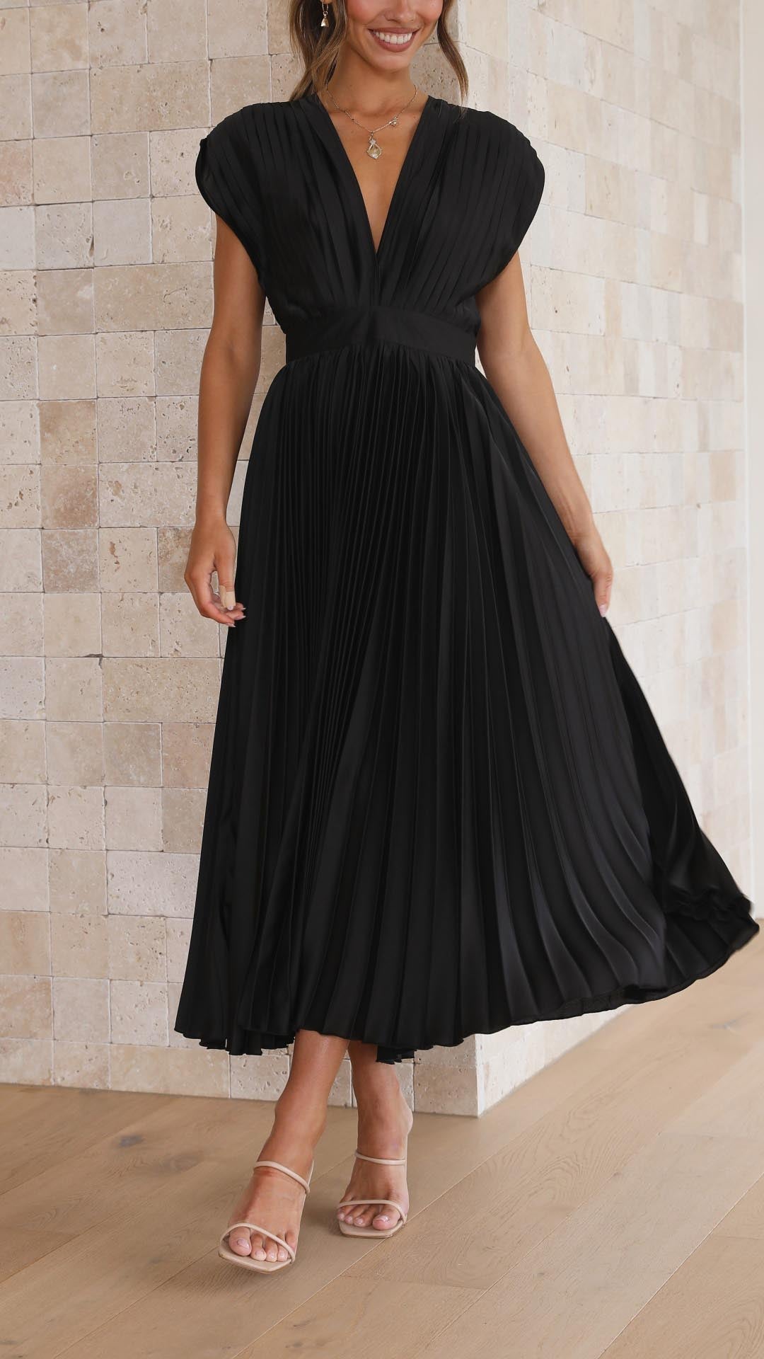 Pleated V-Neck Wedding Guest Maxi Dress for Women