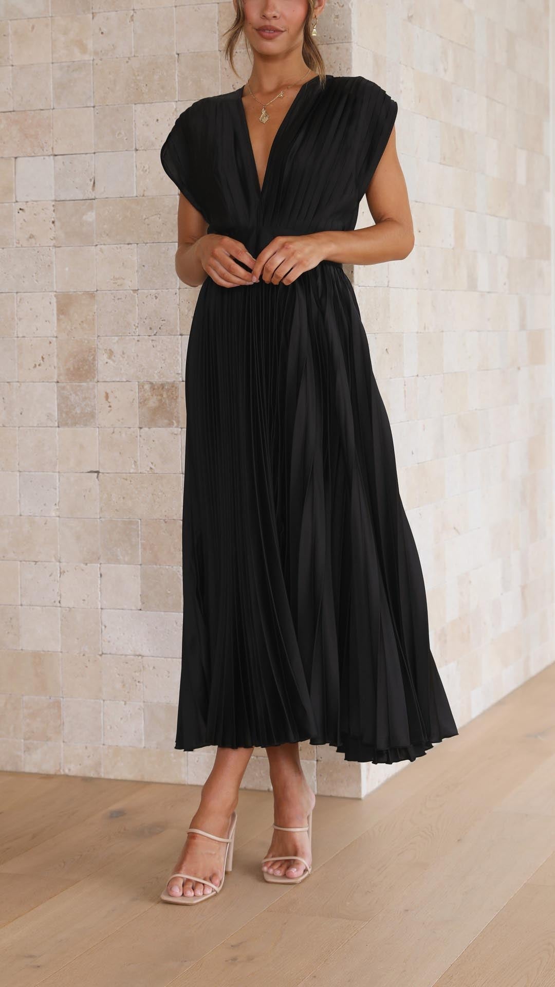 Pleated V-Neck Wedding Guest Maxi Dress for Women