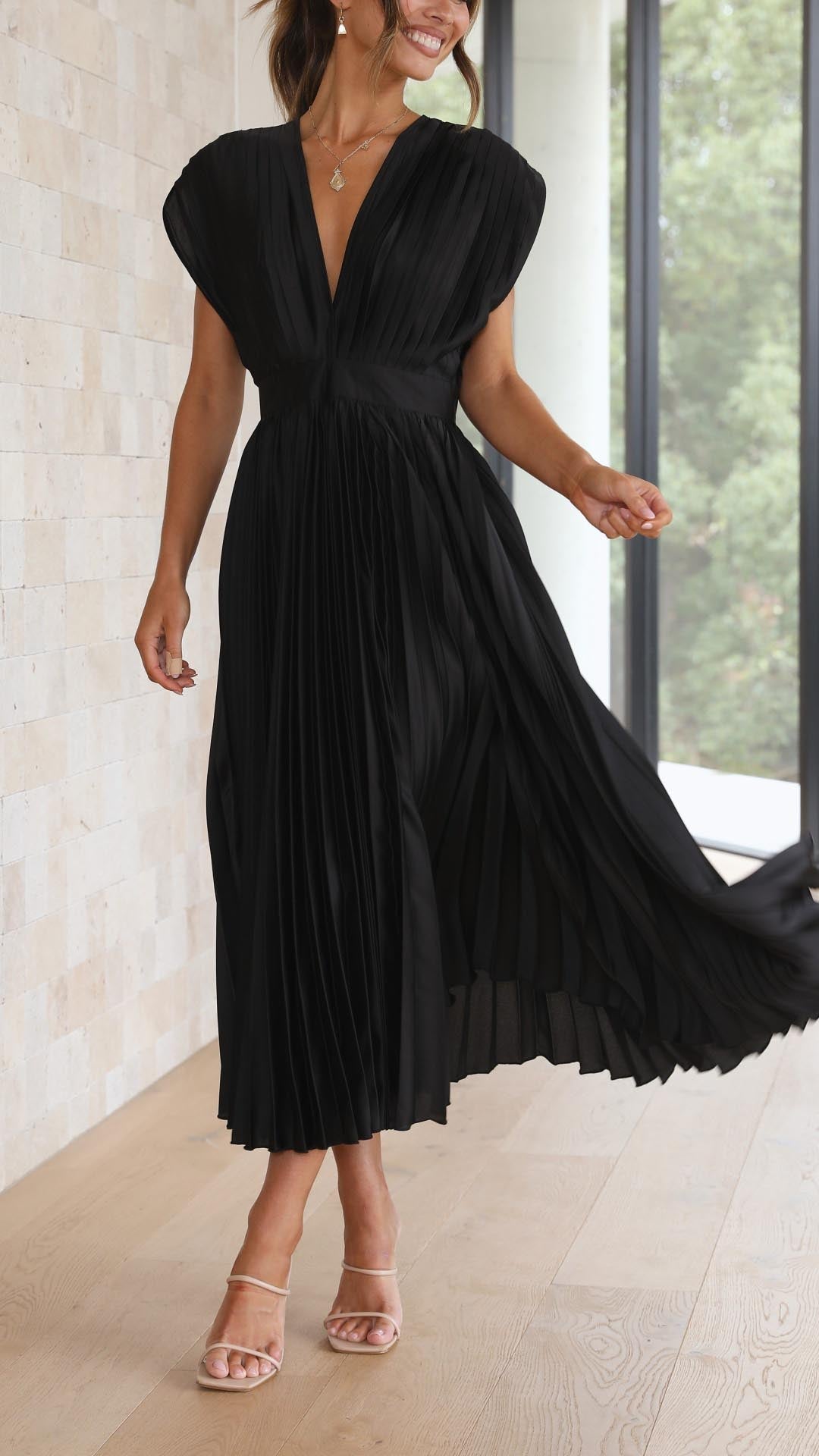 Pleated V-Neck Wedding Guest Maxi Dress for Women