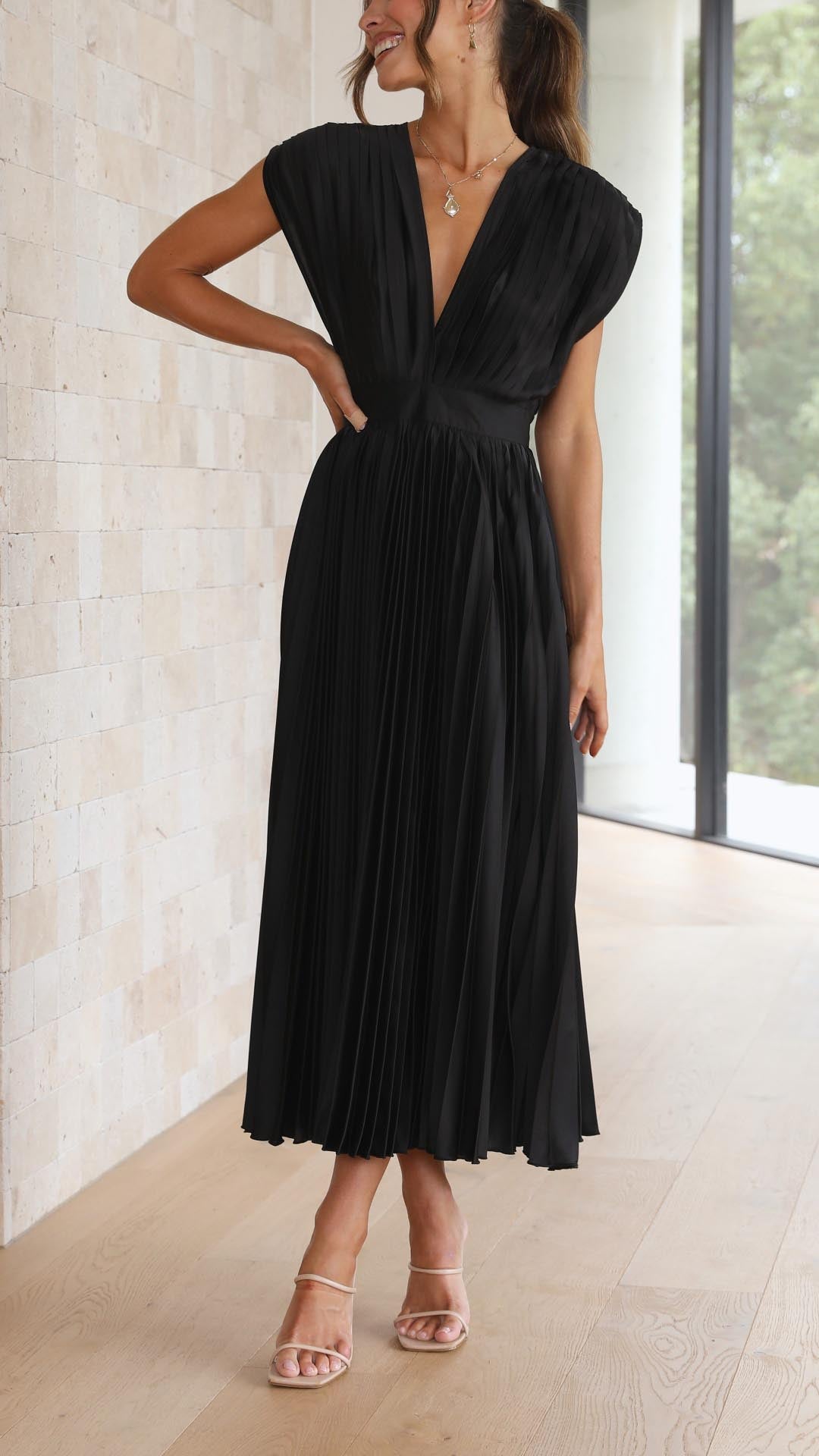 Pleated V-Neck Wedding Guest Maxi Dress for Women