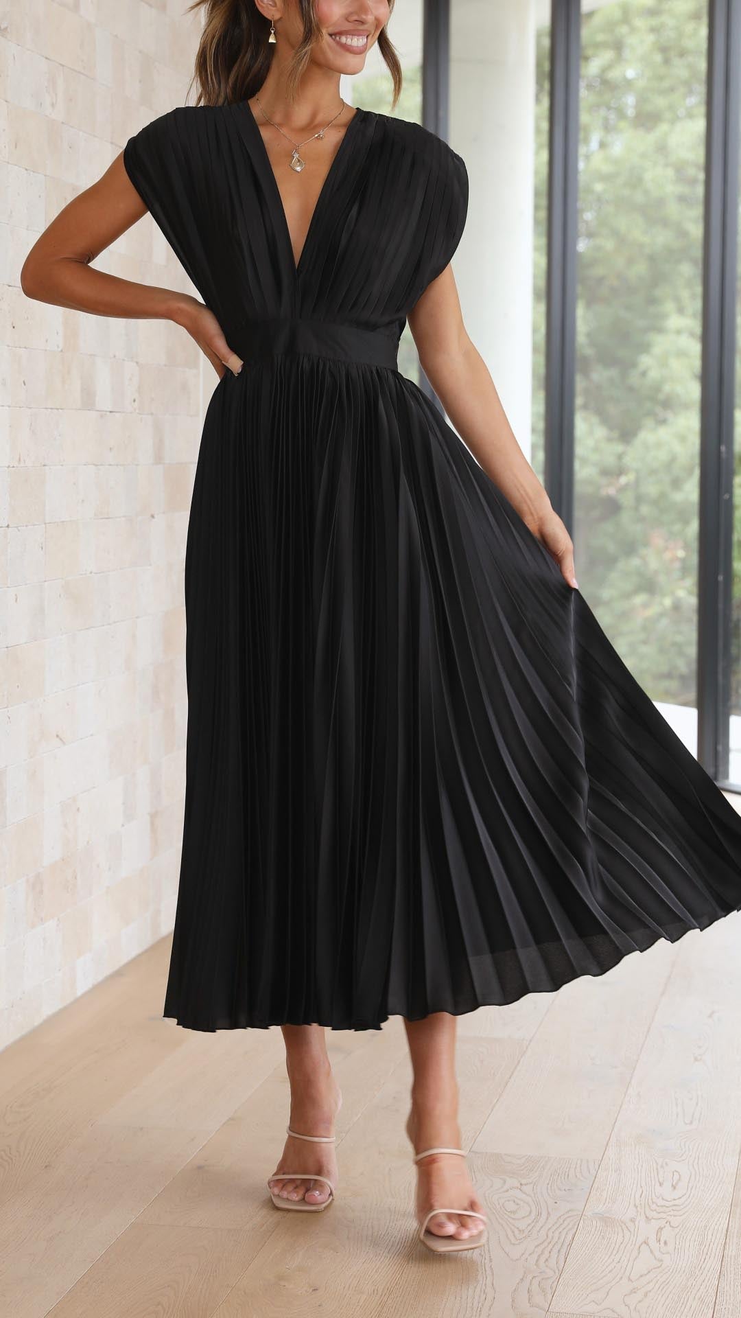 Pleated V-Neck Wedding Guest Maxi Dress for Women