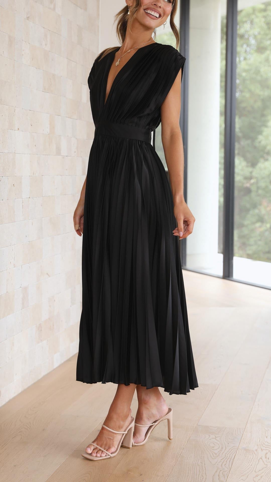 Pleated V-Neck Wedding Guest Maxi Dress for Women