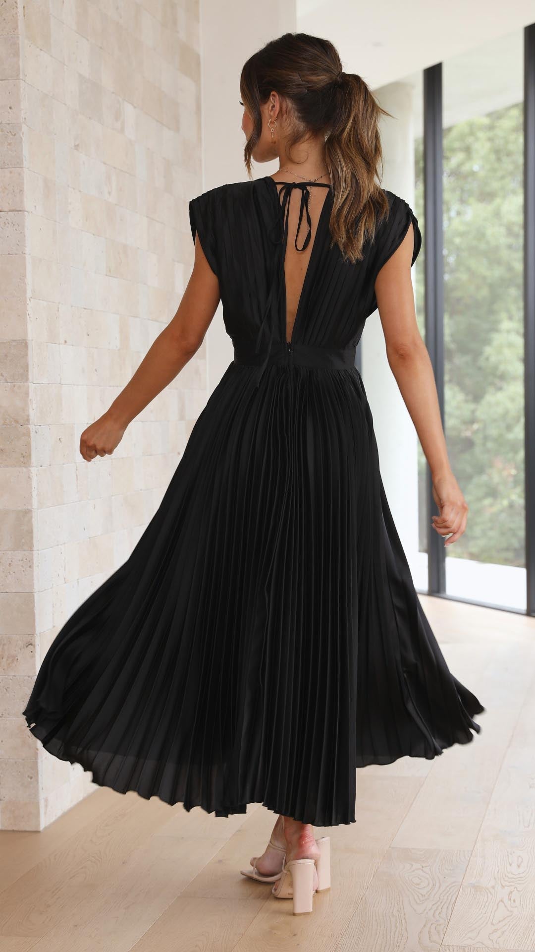 Pleated V-Neck Wedding Guest Maxi Dress for Women