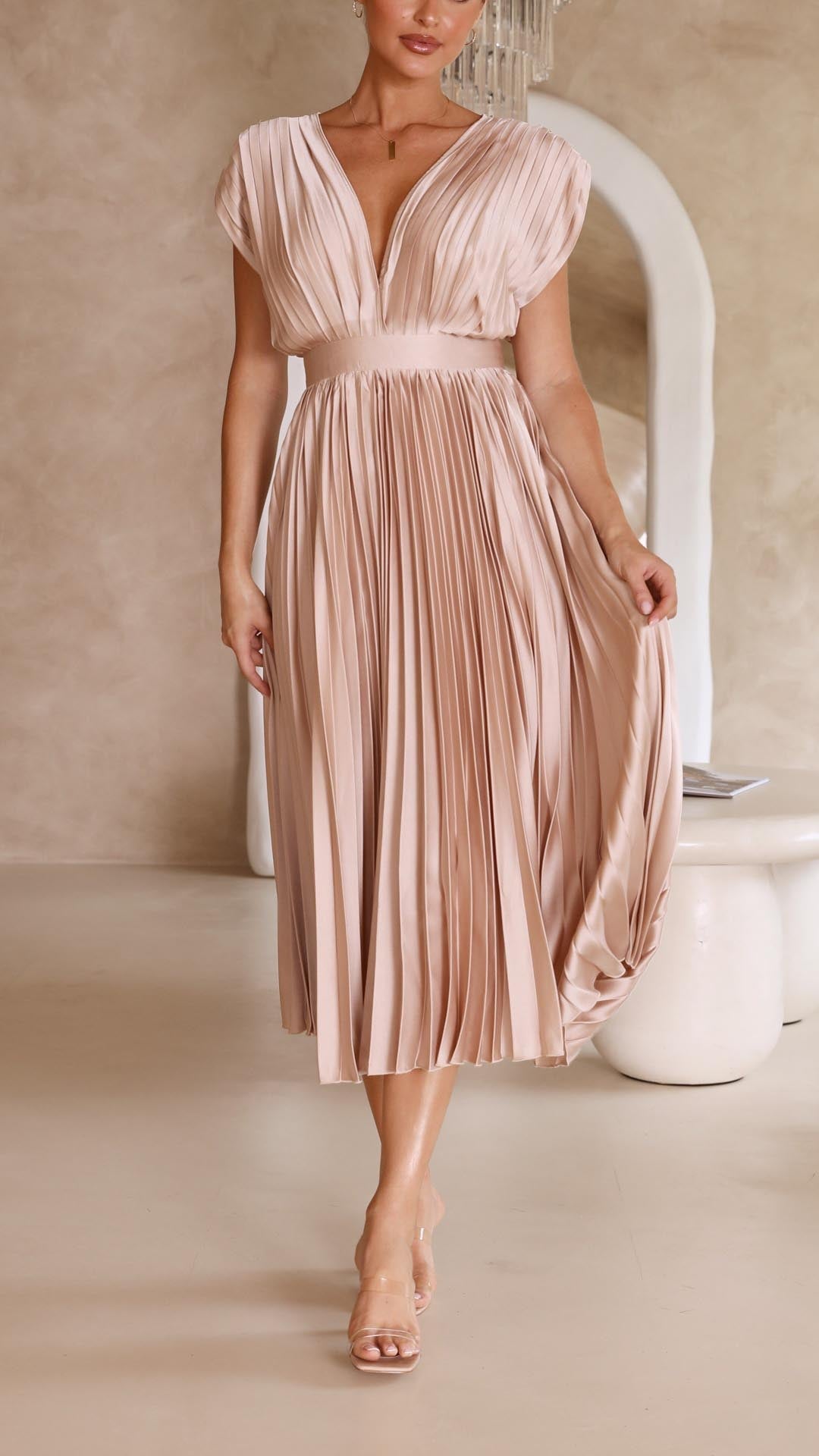 Pleated V-Neck Wedding Guest Maxi Dress for Women