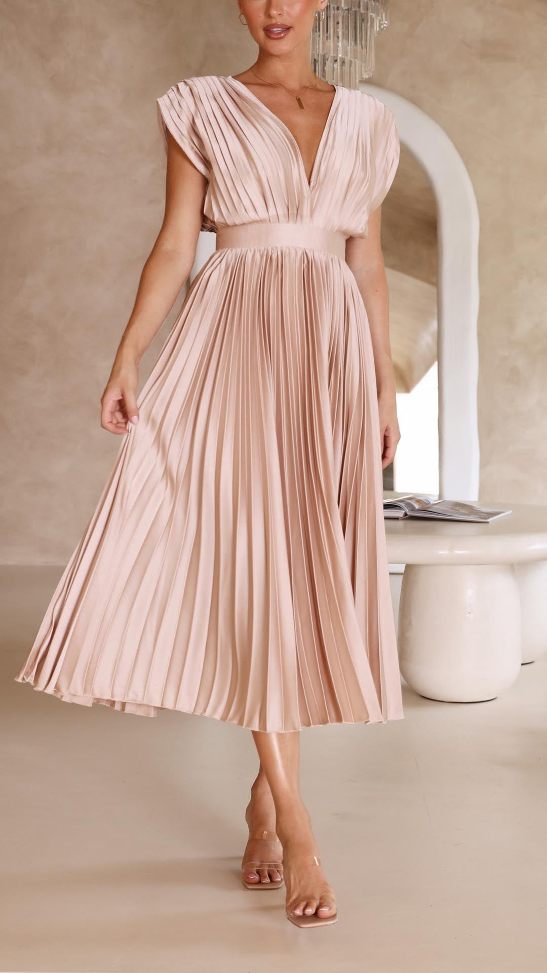 Pleated V-Neck Wedding Guest Maxi Dress for Women