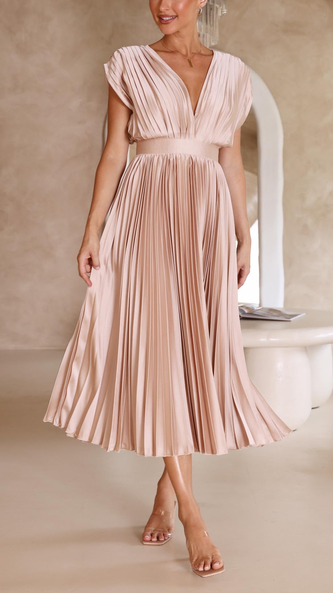 Pleated V-Neck Wedding Guest Maxi Dress for Women